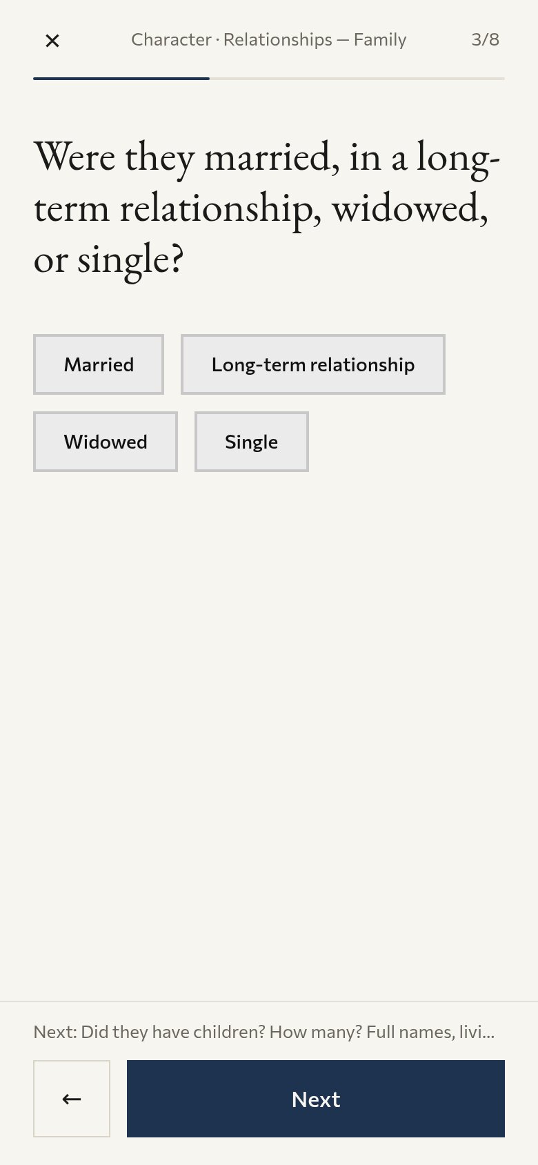 A phone screen with a question about whether the person was married, in a long-term relationship, widowed or single, with four choice buttons.