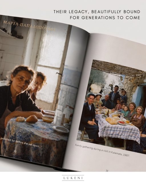 Lukeni biography, open spread with a family gathering photograph