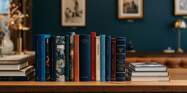 Lukeni books, hardcover books on a home shelf
