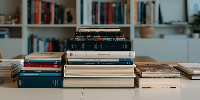 Lukeni books, hardcover books on a library shelf