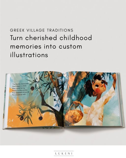 Children's biography, illustrated spread of olive picking