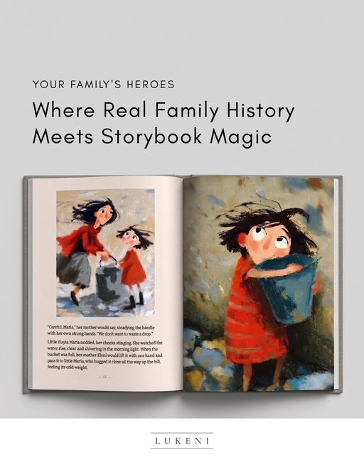 Children's biography, illustrated spread of carrying water