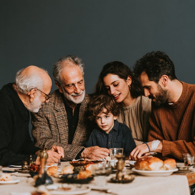 Lukeni multigenerational images, family meal with bread and plates on the table
