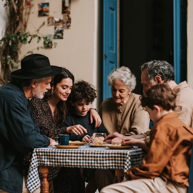 Lukeni multigenerational images, family gathered at an outdoor table