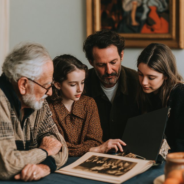 Lukeni multigenerational images, family looking through a photo album together