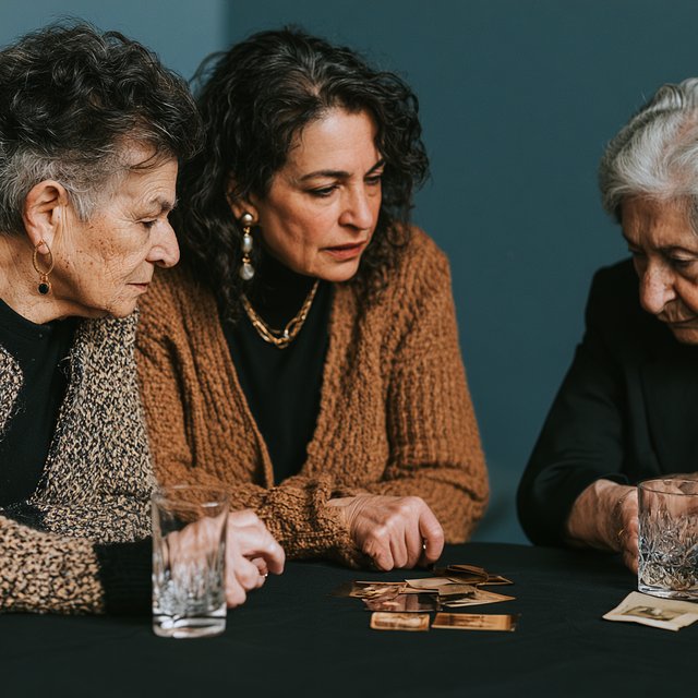 Lukeni multigenerational images, three women looking at old photographs