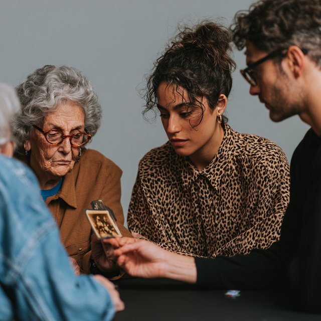 Lukeni multigenerational images, family looking closely at an old photograph