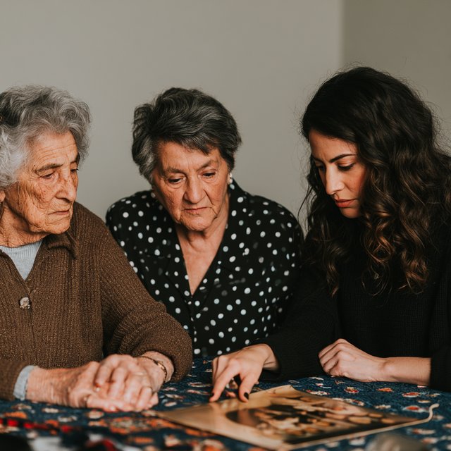 Lukeni multigenerational images, three women looking at an open photo album