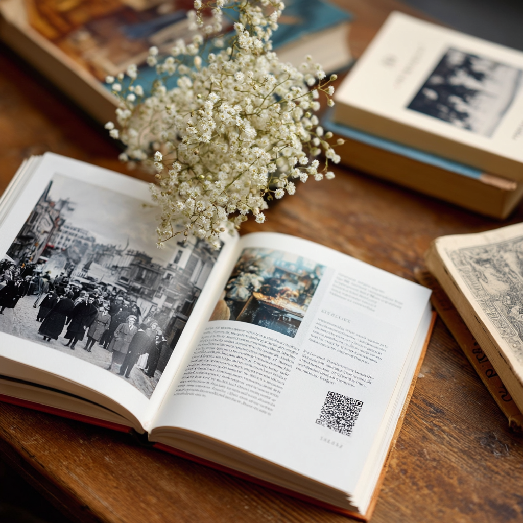 An overhead view of memory books arranged on a warm wooden table