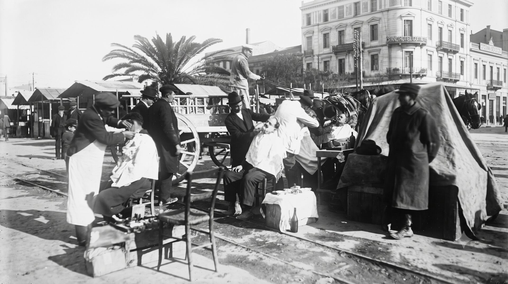 Greek and Armenian refugees from Asia Minor working as barbers on the quay in Piraeus, 1922