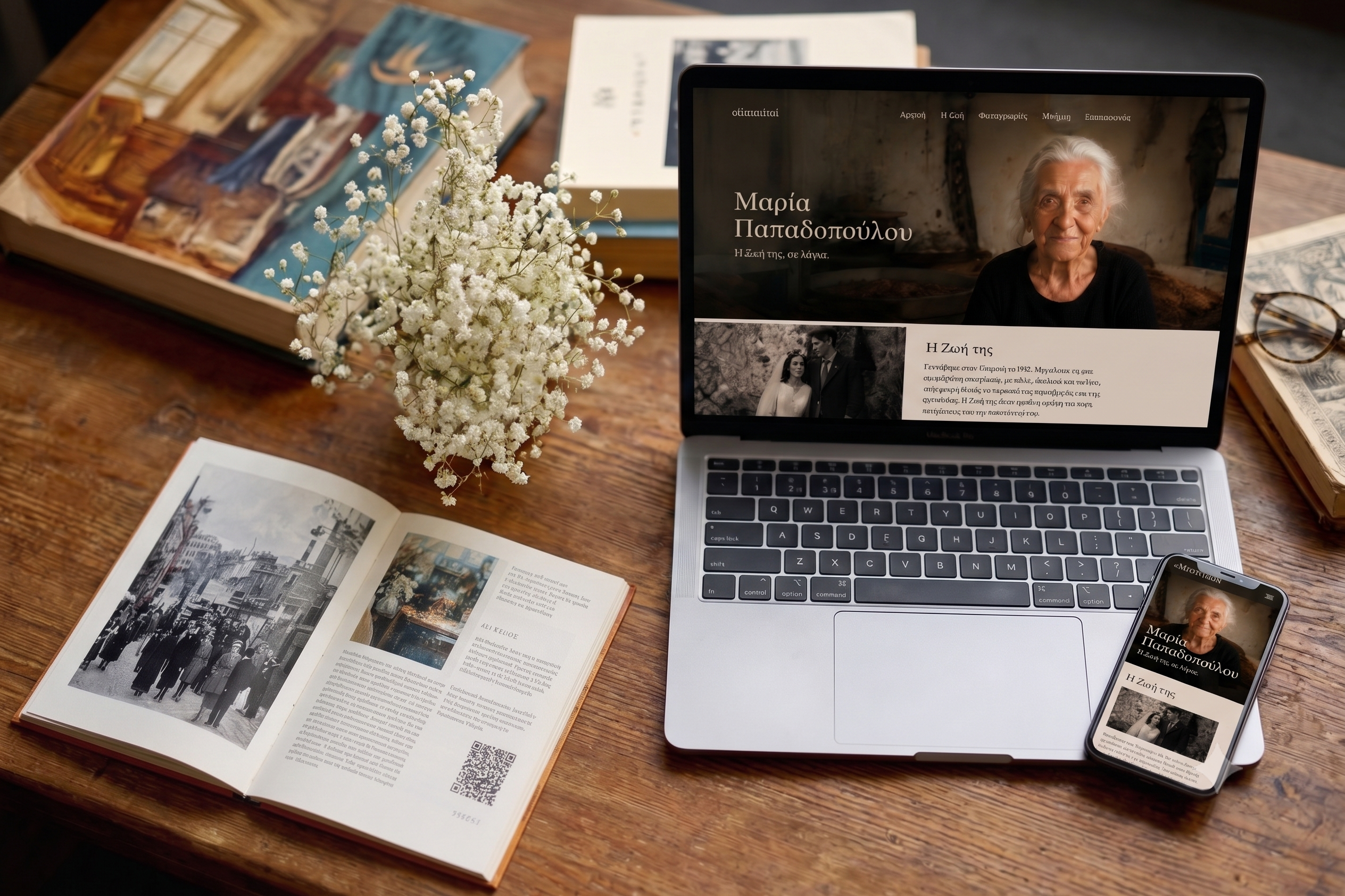 The memorial website on a laptop and phone beside a printed memorial book on a wooden table